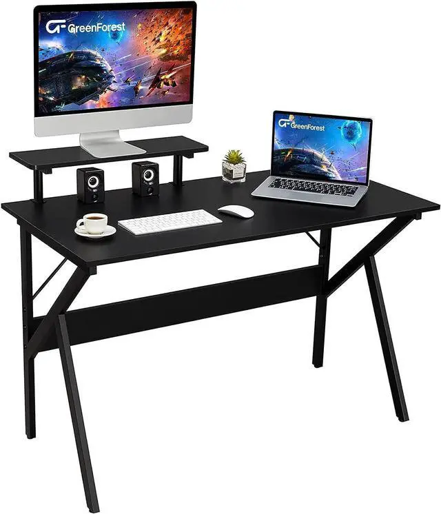 Main image of GreenForest Home Office Desk with Monitor Shelf Computer Gaming Desk 47 inch Writing Study Table for Workstation, Black