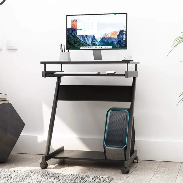 Alt view image 2 of 7 - sogesfurniture Mobile Computer Desk Small Rolling Work Workstation with Printer Shelf and Keyboard Space Computer Workstation for Home and Office,Black BHCA-DX-8110-BB-N