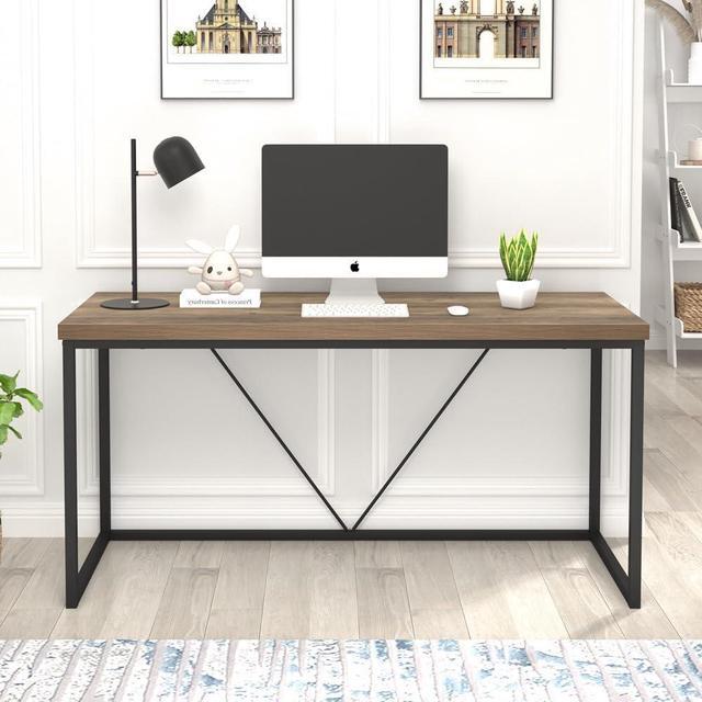 Alt view image 6 of 7 - FOLUBAN Industrial Computer Desk, Rustic Wood and Metal Writing Desk, Vintage PC Table for Home Office, Oak 60 inch