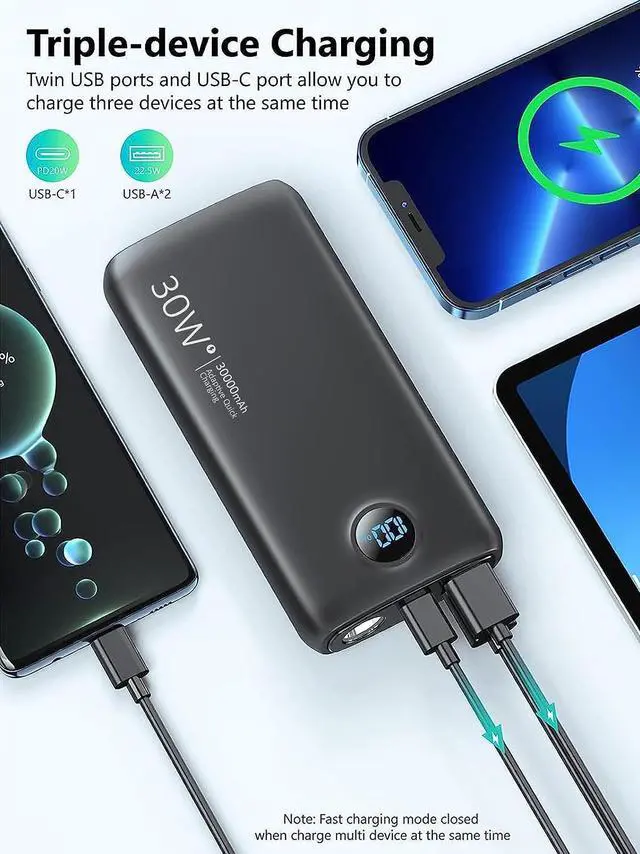 Alt view image 3 of 7 - Portable Charger 30,000mAh-Output Input USB C Fast Charging LED Display SCP22.5W PD3.0 QC4.0 Power Bank, Flashlight External Battery Pack for iPhone, Samsung Galaxy, LG, and More Black