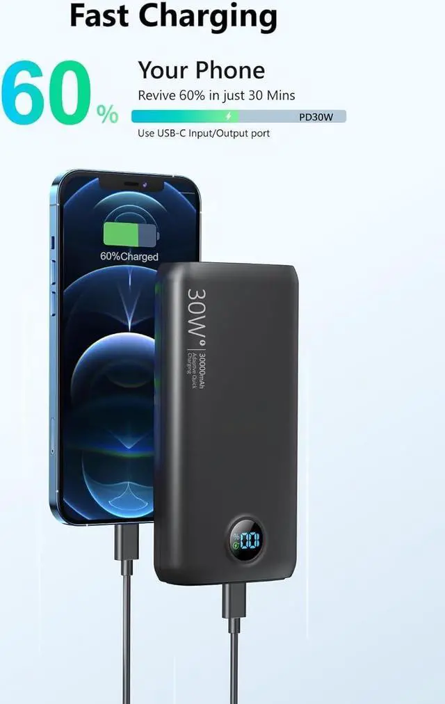 Alt view image 4 of 7 - Portable Charger 30,000mAh-Output Input USB C Fast Charging LED Display SCP22.5W PD3.0 QC4.0 Power Bank, Flashlight External Battery Pack for iPhone, Samsung Galaxy, LG, and More Black