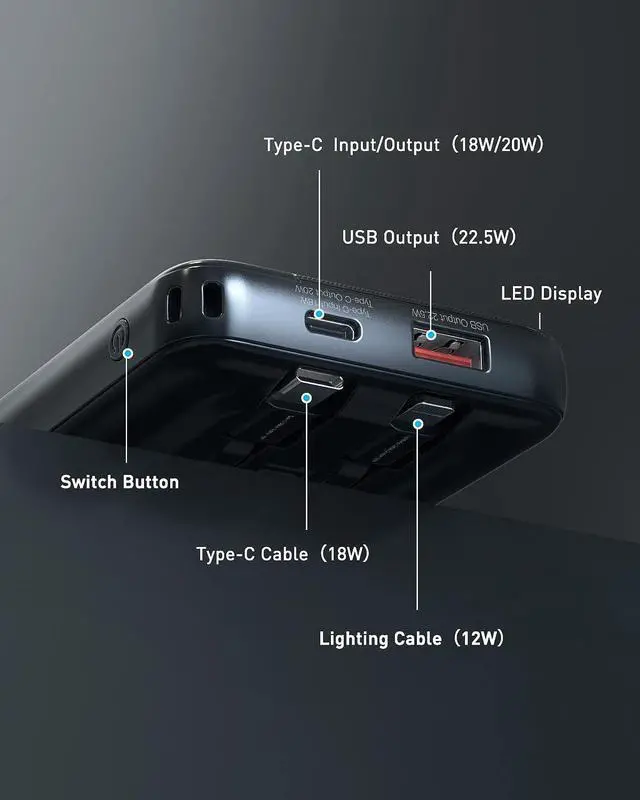 Alt view image 3 of 7 - Portable Charger with Built in Cords, Ultra-Compact 22.5W PD & QC 3.0 Fast Charging 10000mAh USB C Power Bank,Small LED Display Phone Battery Pack with Cable Compatible with iPhone,Samsung