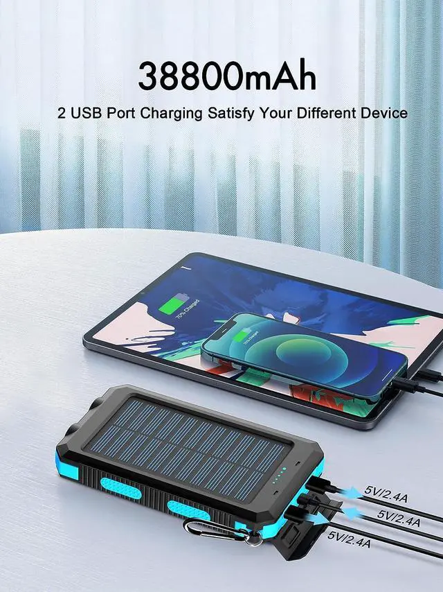 Alt view image 2 of 7 - Solar Charger,38800mAh Portable Solar Power Bank,Waterproof External Backup Battery Power Pack Charger with USB C/LED Flashlights Compatible with iPhone,Tablet,Android,Suitable for Outdoor Camping