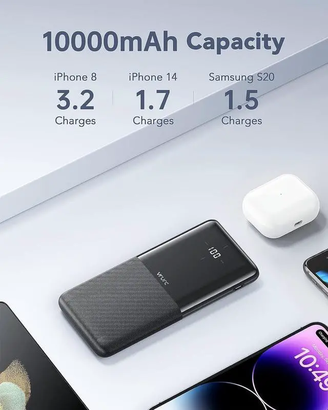 Alt view image 2 of 7 - VRURC 2-Pack 10,000mAh Portable Charger Fast Charging Power Bank with USB C & LED Display, Slim Battery Pack for iPhone 16 15 14 13 12 11 X 8 7 Samsung S21 S20 Google LG OnePlus, Black+White