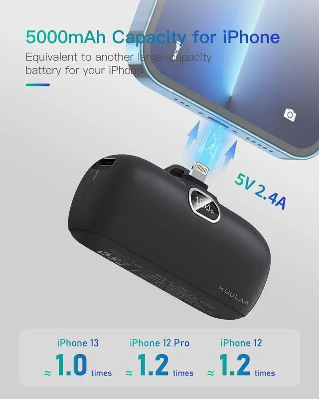 Alt view image 2 of 7 - Kuulaa Small Portable Charger iPhone with Built-in Lightning Cable 5000mAh Power Bank Fast Charging for iPhone 14/13/13 Pro/12/12 Pro/11/XR/XS/X/8/7/6 Black