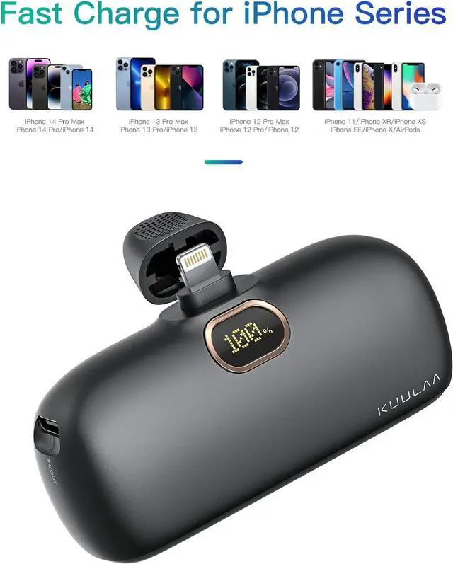 Alt view image 6 of 7 - Kuulaa Small Portable Charger iPhone with Built-in Lightning Cable 5000mAh Power Bank Fast Charging for iPhone 14/13/13 Pro/12/12 Pro/11/XR/XS/X/8/7/6 Black