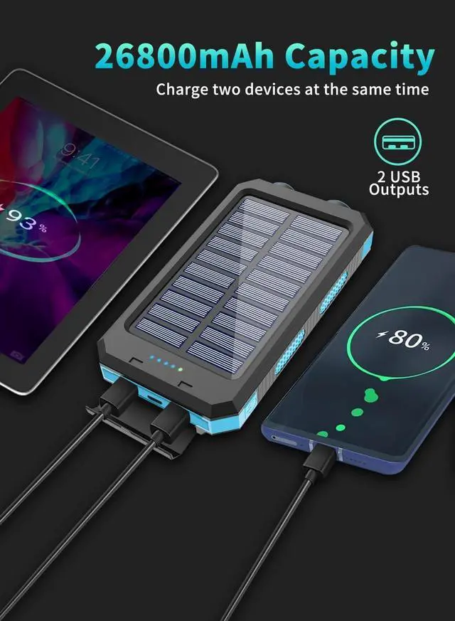 Alt view image 2 of 7 - Solar Power Bank 26800mAh Portable Solar Charger Dual 5V USB Outputs Fast Charger Built-in Bright LED Flashlight and Compass Cell Phone and Electronic Devices