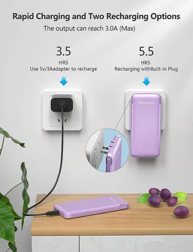 Alt view image 2 of 6 - Portable Charger Power Bank with Built in Cable and AC Wall Plug, 10000mAh Fast USB C Phone Charger, Slim Thin Mini Charging Battery Pack Compatible with Smartphones and All USB-C Devices