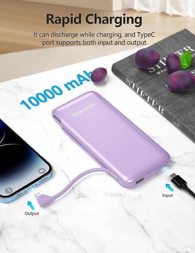 Alt view image 6 of 6 - Portable Charger Power Bank with Built in Cable and AC Wall Plug, 10000mAh Fast USB C Phone Charger, Slim Thin Mini Charging Battery Pack Compatible with Smartphones and All USB-C Devices