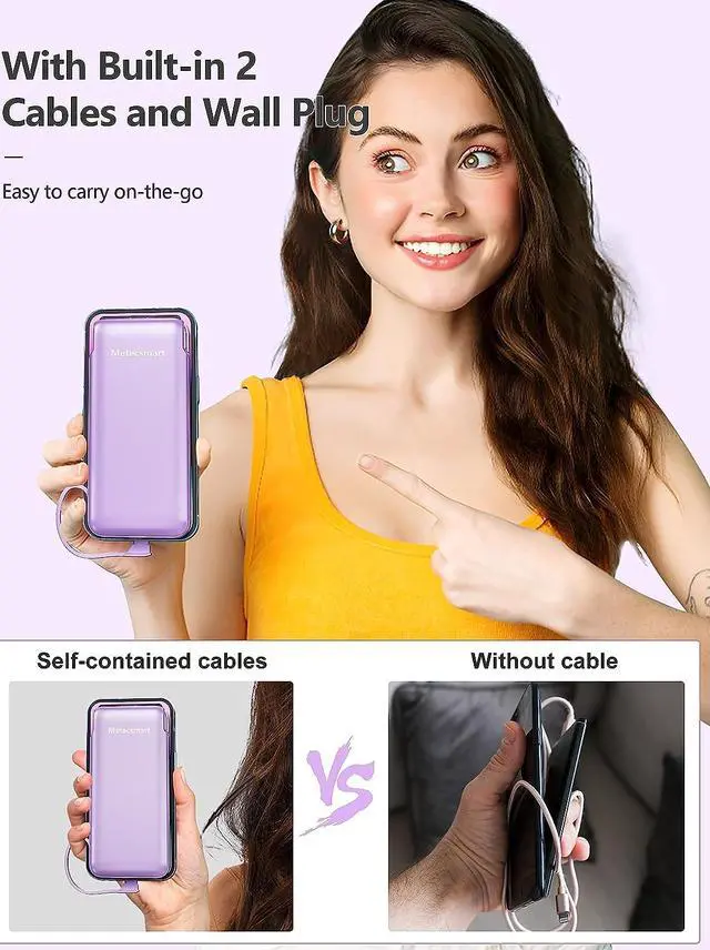Alt view image 5 of 6 - Portable Charger Power Bank with Built in Cable and AC Wall Plug, 10000mAh Fast USB C Phone Charger, Slim Thin Mini Charging Battery Pack Compatible with Smartphones and All USB-C Devices