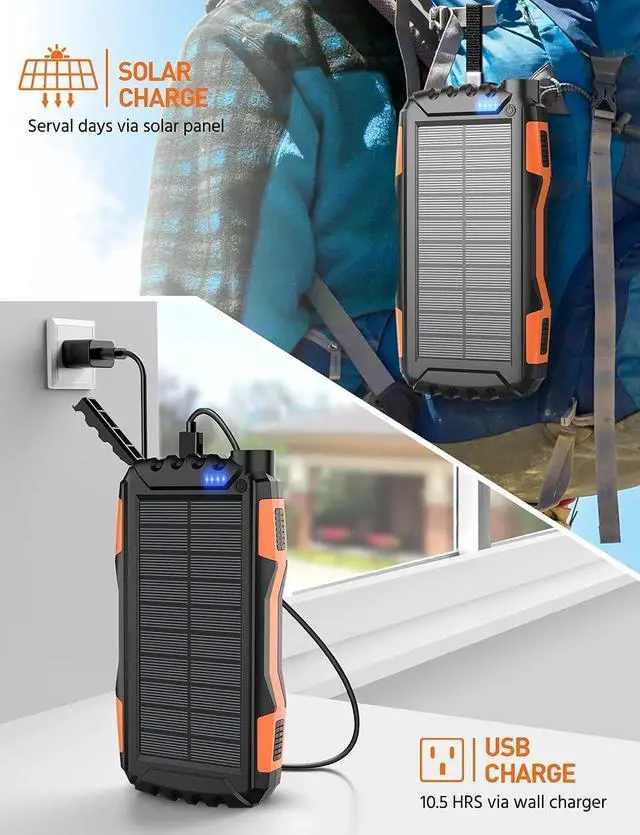 Alt view image 5 of 7 - Solar Charger Power Bank 42800mAh Portable Charger Power Bank External Battery Pack 5V3.1A Qc 3.0 Fast Charger Built-in Super Bright Flashlight (Orange)
