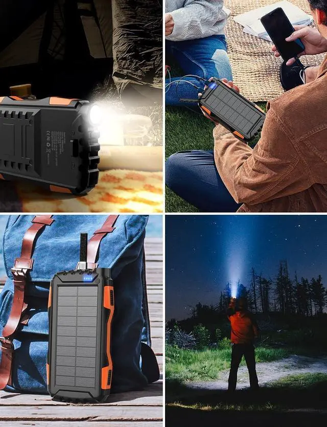 Alt view image 7 of 7 - Solar Charger Power Bank 42800mAh Portable Charger Power Bank External Battery Pack 5V3.1A Qc 3.0 Fast Charger Built-in Super Bright Flashlight (Orange)