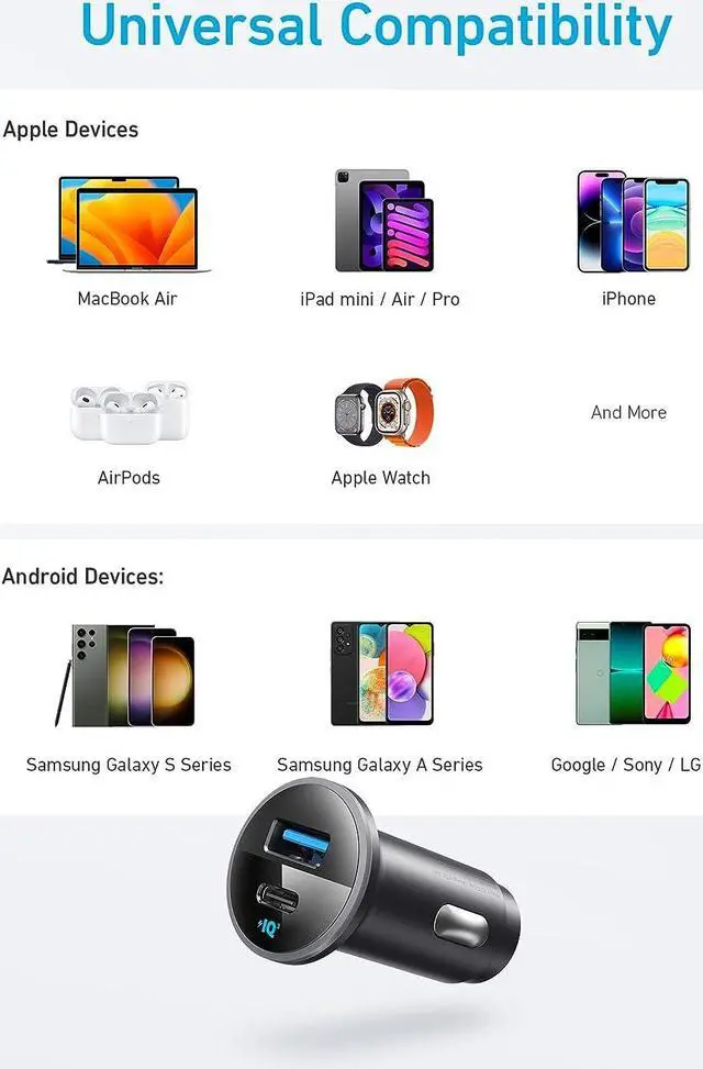 Alt view image 5 of 7 - USB C Car Charger Adapter 52.5W Cigarette Lighter Charger 323 Car Charger with 30W PowerIQ 3.0 Fast Charging Cable for iPhone 15/15 Pro Max 14/13/12 Series Galaxy S23/22 Pixel