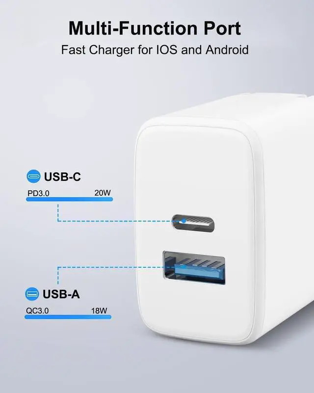 Alt view image 3 of 7 - 20W Dual Port Fast Charger for iPad 9th 8th 7th Generation 10.2 inch, iPad Air 3/2, iPad Mini 5, Foldable Wall Charger with 6.6ft USB-C to Lightning Fast Charging Cable