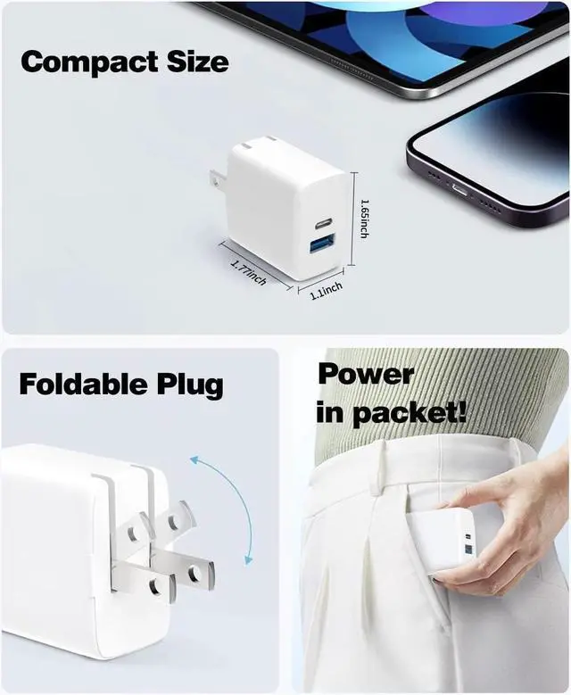 Alt view image 5 of 7 - 20W Dual Port Fast Charger for iPad 9th 8th 7th Generation 10.2 inch, iPad Air 3/2, iPad Mini 5, Foldable Wall Charger with 6.6ft USB-C to Lightning Fast Charging Cable