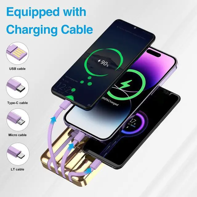Alt view image 3 of 7 - Portable Charger 12000mAh with Built-in Cables,22.5W Fast Charging Power Bank,USB C Input/Output,Smart LED Display,Compact External Battery for iPhone 15,Samsung Galaxy,iPad,Tablets