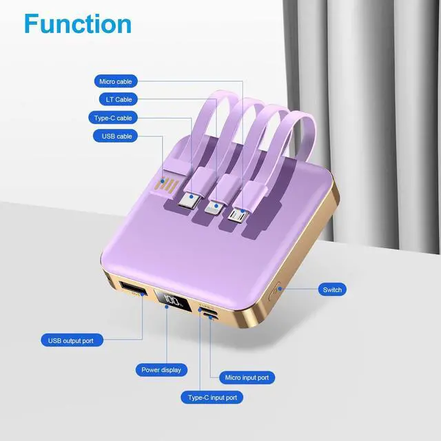 Alt view image 7 of 7 - Portable Charger 12000mAh with Built-in Cables,22.5W Fast Charging Power Bank,USB C Input/Output,Smart LED Display,Compact External Battery for iPhone 15,Samsung Galaxy,iPad,Tablets