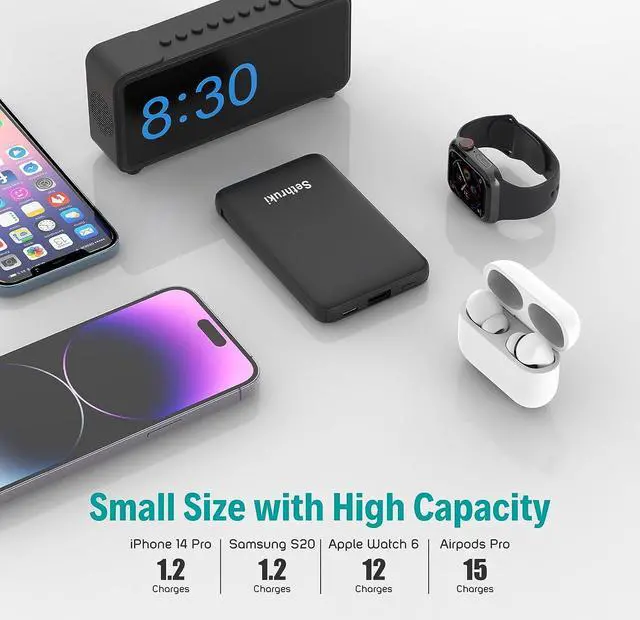 Alt view image 2 of 7 - Smallest Portable Charger with Built-in Cables 6000mAh,Ultra Slim Power Bank,Mini High Speed External Battery Packs,Lightweight USB C Phone Charger for iPhone Samsung Google Android (Black)