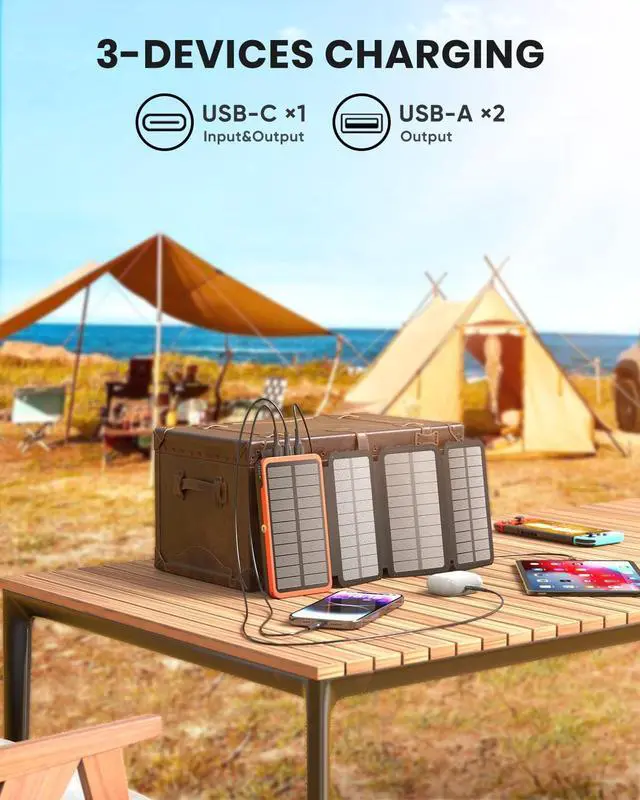 Alt view image 5 of 7 - Hiluckey Solar Charger 27000mAh Power Bank 22.5W Fast Charging Portable Phone Charger with 4 Solar Panels USB C PD External Battery Pack with 3 USB Outputs for Cellphone Tablet