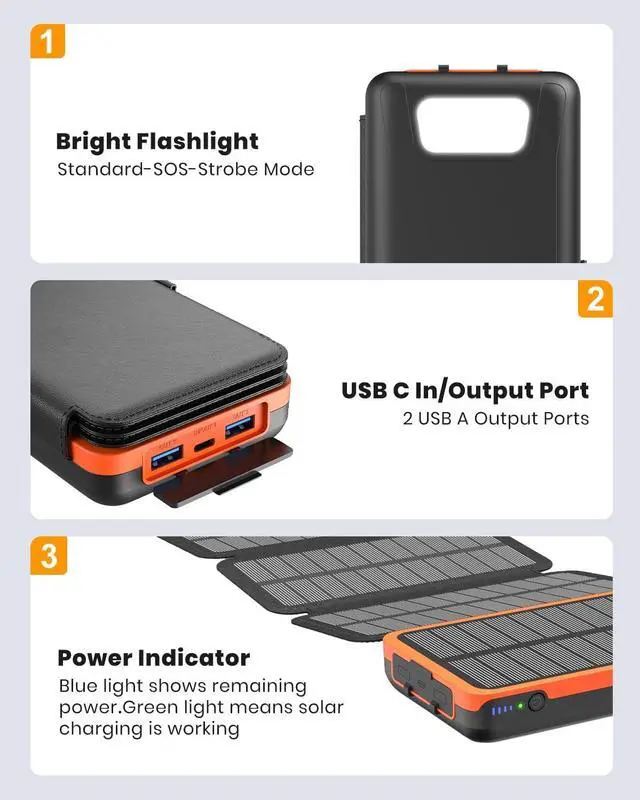 Alt view image 7 of 7 - Hiluckey Solar Charger 27000mAh Power Bank 22.5W Fast Charging Portable Phone Charger with 4 Solar Panels USB C PD External Battery Pack with 3 USB Outputs for Cellphone Tablet