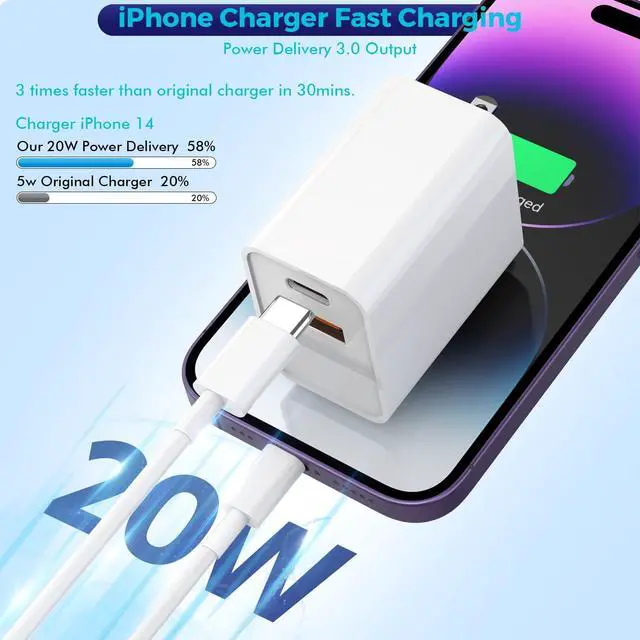 Alt view image 2 of 7 - iPhone 16/15 Charger Block 2Pack 20W Dual Port PD Fast USB C Wall Charger Adapter + USB A Quick Charging Brick Plug Compatible with iPhone 16/15/14/13/12/11/Pro Max/Plus/XS/XR/X iPad AirPods and More