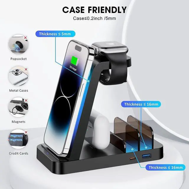 Alt view image 6 of 6 - Wireless Charger for iPhone - 5 in 1 Charging Station for Multiple Devices Apple: Fast Wireless Charging Stand Dock for iPhone 15 14 13 12 Pro Max Apple Watch Airpods