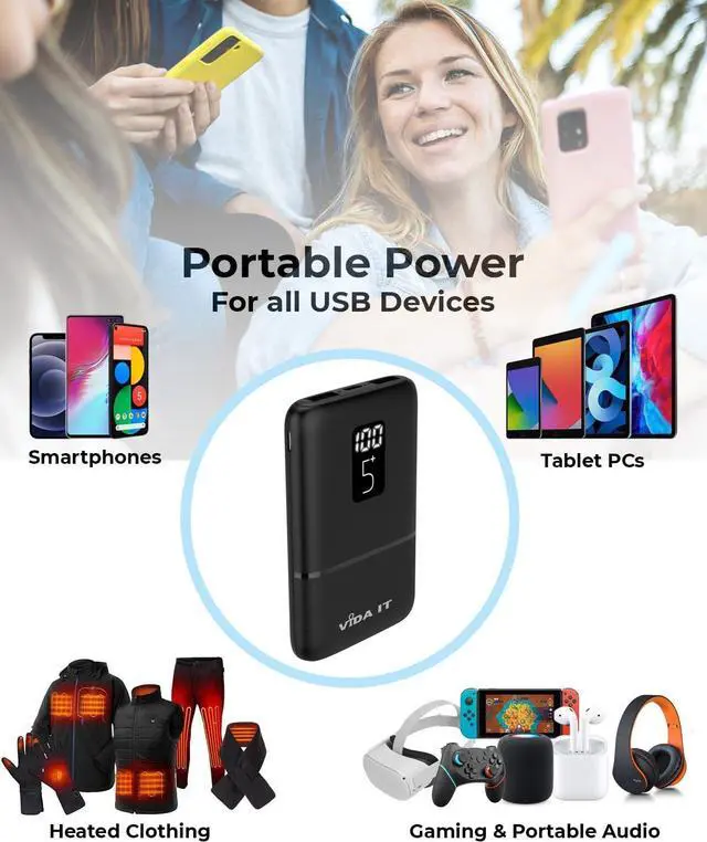 Alt view image 2 of 7 - Vida IT 2-Pack Small Power Bank USB Battery Pack for Heated Clothing Vest Jacket Hoodie 5V 2A Rechargeable, Portable Phone Charger for iPhone 11 Samsung S20 Android 5000mAh Powerpack with LED Display