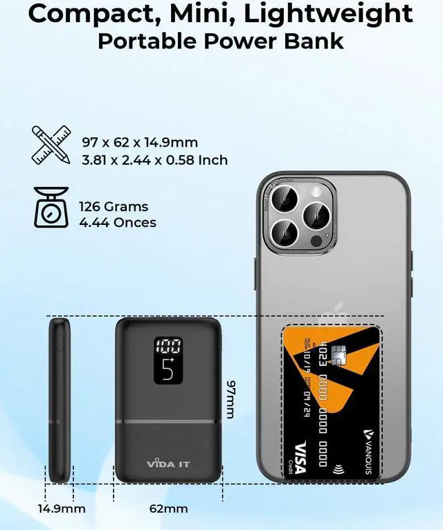 Alt view image 3 of 7 - Vida IT 2-Pack Small Power Bank USB Battery Pack for Heated Clothing Vest Jacket Hoodie 5V 2A Rechargeable, Portable Phone Charger for iPhone 11 Samsung S20 Android 5000mAh Powerpack with LED Display