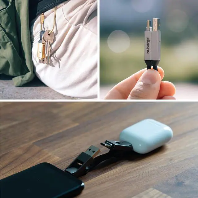 Alt view image 3 of 7 - inCharge 6 - Keychain USB C Charger Cable Lightning Cable and Micro-USB for Smartphone Universal Cable Charger 6 in 1 USB Plug 15W Gray