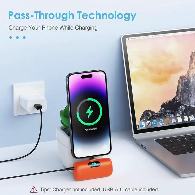 Alt view image 2 of 7 - Small Portable Charger for iPhone, Upgraded 5000mAh PD Fast Charging Power Bank, Mini Plug-in Battery Pack Backup Charger Compatible with iPhone 14/14 Pro Max/13/13 Pro/12 Pro/11/XS/XR/X/8/7/6-Orange