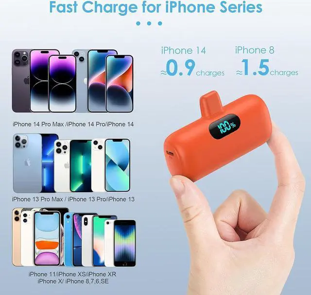 Alt view image 3 of 7 - Small Portable Charger for iPhone, Upgraded 5000mAh PD Fast Charging Power Bank, Mini Plug-in Battery Pack Backup Charger Compatible with iPhone 14/14 Pro Max/13/13 Pro/12 Pro/11/XS/XR/X/8/7/6-Orange