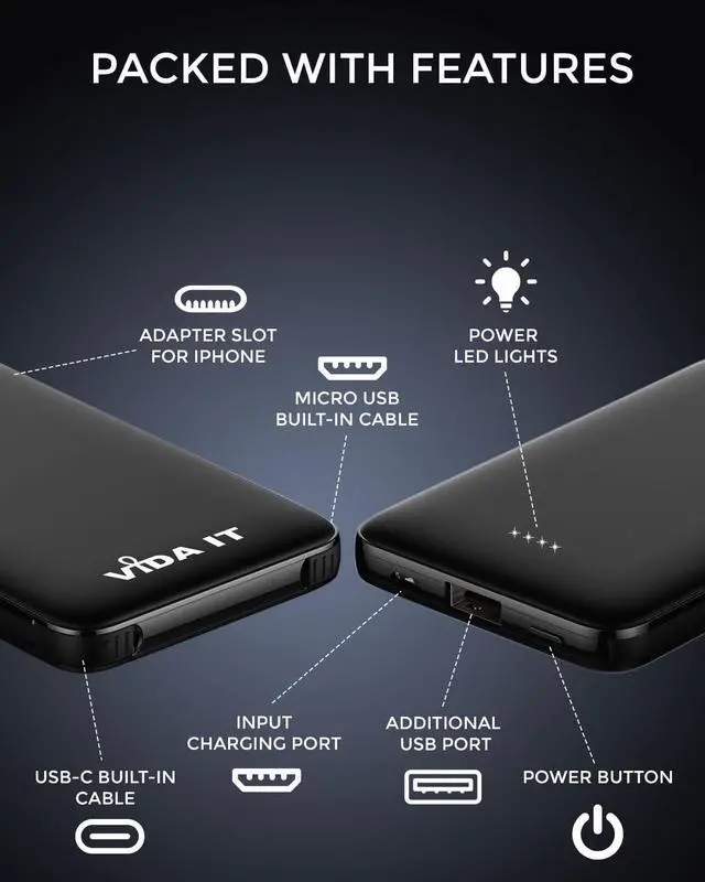 Alt view image 6 of 7 - Vida IT Compact Power Bank Portable Charger for Samsung Galaxy S22 S21 S10 S7 Edge Motorola LG Google Pixel Android Cell Phone USB-C External Battery Pack 5000mAh with Built-in Cable