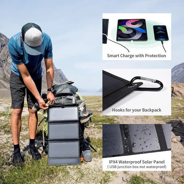 Alt view image 5 of 7 - [Upgraded] BigBlue 3 USB Ports 28W Solar Charger(5V/4.8A Max), Portable SunPower Solar Panel for Camping, IPX4 Waterproof, Compatible with iPhone 11/XS/XS Max/XR/X/8/7, iPad, Samsung Galaxy LG etc.