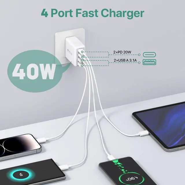 Alt view image 2 of 7 - USB C Wall Charger, 40W 4-Port USB C Charger Block, Fast Charging Block Dual Port PD+QC Wall Plug Multiport Type C for iPhone 14/13/12/11/Pro Max/XS/XR/8/7, iPad, Samsung Phone, Tablet
