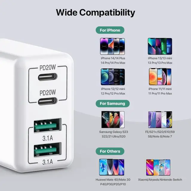 Alt view image 3 of 7 - USB C Wall Charger, 40W 4-Port USB C Charger Block, Fast Charging Block Dual Port PD+QC Wall Plug Multiport Type C for iPhone 14/13/12/11/Pro Max/XS/XR/8/7, iPad, Samsung Phone, Tablet