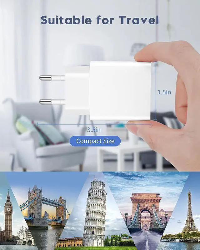 Alt view image 6 of 7 - European Travel Plug Adapter, 20W iPhone Fast Charger USB C Wall Charger Block Plug with 10FT Charging Cable for iPhone 14/13/12/11 Pro Max/XS/XR/X/8, iPad, Europe EU Power Plug Type C Adaptor Charger