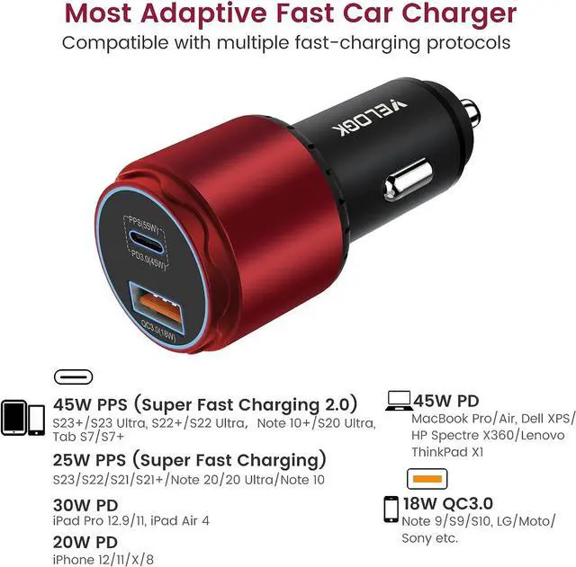 Alt view image 2 of 7 - VELOGK Super Fast Type C Car Charger [73W Turbo], Metal Adaptive 55W 45W PPS/PD&QC3.0 USB C Car Adapter[Super Fast Charging 2.0] for Samsung S23 Ultra/S22+/S21/S20/Note 20/10 Plus,iPad Pro/Air(Red)