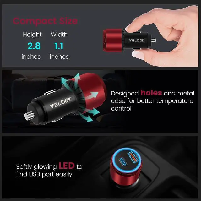 Alt view image 7 of 7 - VELOGK Super Fast Type C Car Charger [73W Turbo], Metal Adaptive 55W 45W PPS/PD&QC3.0 USB C Car Adapter[Super Fast Charging 2.0] for Samsung S23 Ultra/S22+/S21/S20/Note 20/10 Plus,iPad Pro/Air(Red)