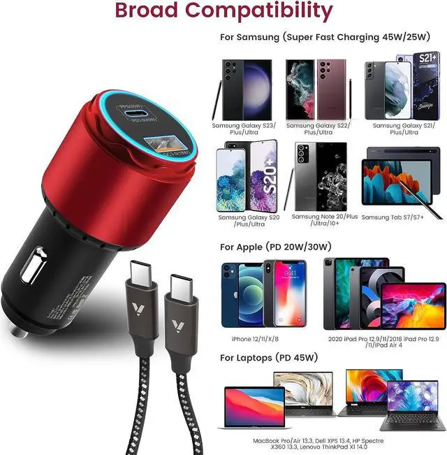 Alt view image 5 of 7 - VELOGK Super Fast Type C Car Charger [73W Turbo], Metal Adaptive 55W 45W PPS/PD&QC3.0 USB C Car Adapter[Super Fast Charging 2.0] for Samsung S23 Ultra/S22+/S21/S20/Note 20/10 Plus,iPad Pro/Air(Red)