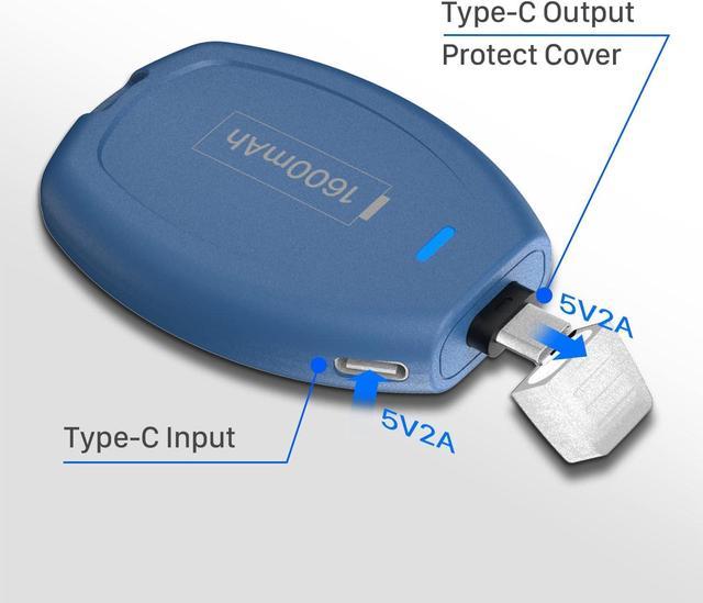 Keychain Portable Charger for Android Mini Power Emergency Pod  Ultra-Compact USB-C Power Bank External Fast Charging Battery Pack 1600mAh  Key Ring Type C Cell Phone Charger for Samsung (Blue) 