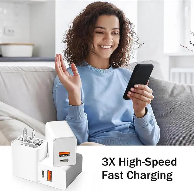 Alt view image 5 of 6 - [3 Pack] USB C Wall Charger, Type C Charger Block, 20W USB C Charger Block, Fast Charging Blocks Plug for iPhone 15/14/14 Pro, Type C Charging Adapter Cubes Compatible for Apple Watch SE 9 8, White