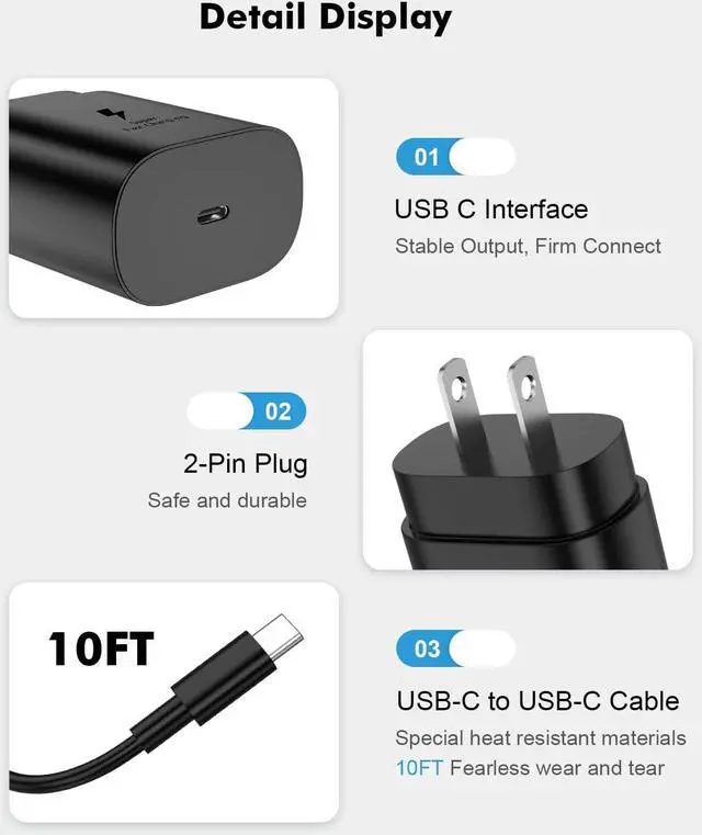 Alt view image 4 of 7 - 25W Fast Charge Type C Samsung Super Fast Charging 2 Pack with 10FT USB C Cable Charger for Samsung Galaxy S23 Ultra Charger S23/S23+/S22 Ultra/S22+/S22/S21/S20/Z Fold 4,3/Z Flip 4,3 S10/S9/S8