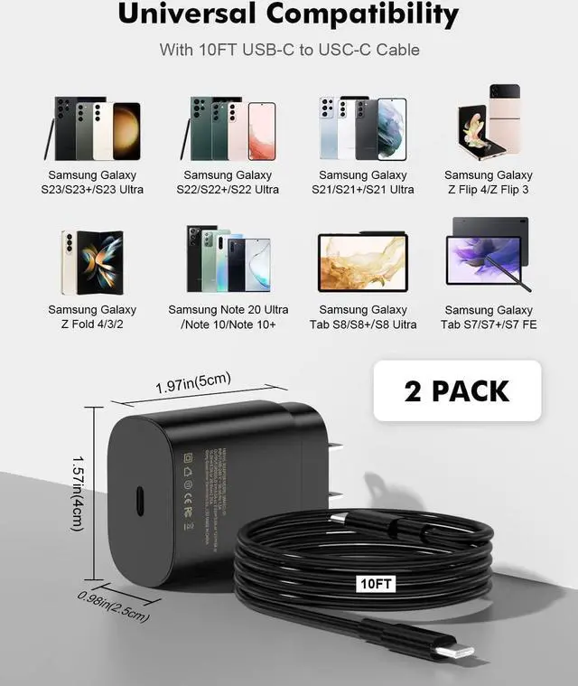 Alt view image 6 of 7 - 25W Fast Charge Type C Samsung Super Fast Charging 2 Pack with 10FT USB C Cable Charger for Samsung Galaxy S23 Ultra Charger S23/S23+/S22 Ultra/S22+/S22/S21/S20/Z Fold 4,3/Z Flip 4,3 S10/S9/S8