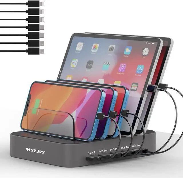 Main image of Charging Station for Multiple Devices, MSTJRY 5 Port Multi USB Charger Station with Power Switch Designed for iPhone iPad Cell Phone Tablets (Gray, 7 Mixed Short Cables Included)