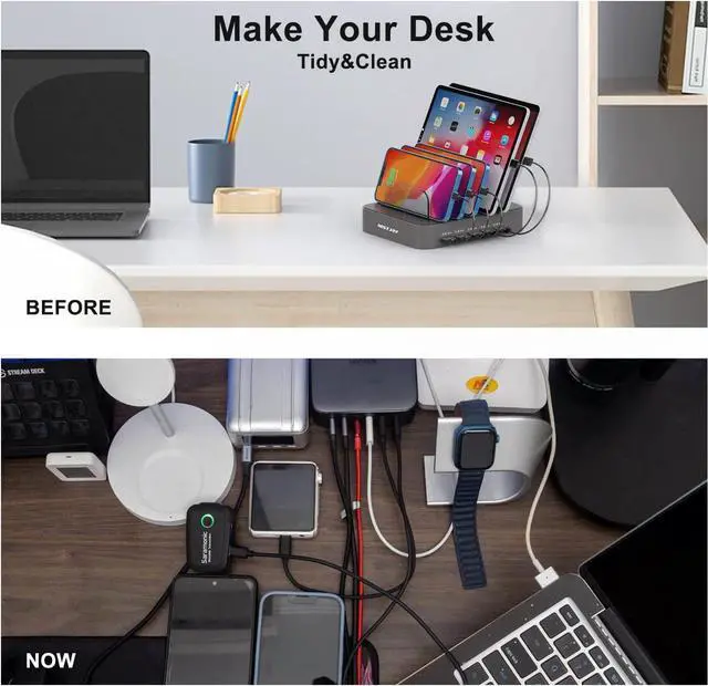 Alt view image 2 of 7 - Charging Station for Multiple Devices, MSTJRY 5 Port Multi USB Charger Station with Power Switch Designed for iPhone iPad Cell Phone Tablets (Gray, 7 Mixed Short Cables Included)