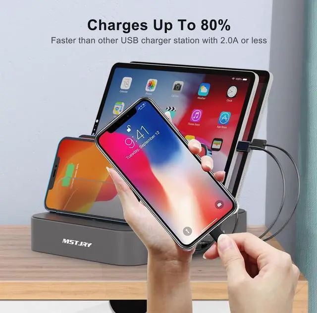 Alt view image 3 of 7 - Charging Station for Multiple Devices, MSTJRY 5 Port Multi USB Charger Station with Power Switch Designed for iPhone iPad Cell Phone Tablets (Gray, 7 Mixed Short Cables Included)