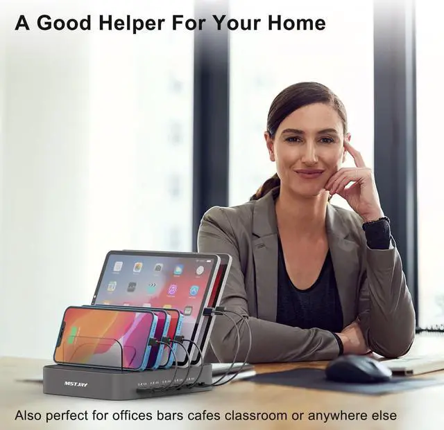 Alt view image 5 of 7 - Charging Station for Multiple Devices, MSTJRY 5 Port Multi USB Charger Station with Power Switch Designed for iPhone iPad Cell Phone Tablets (Gray, 7 Mixed Short Cables Included)