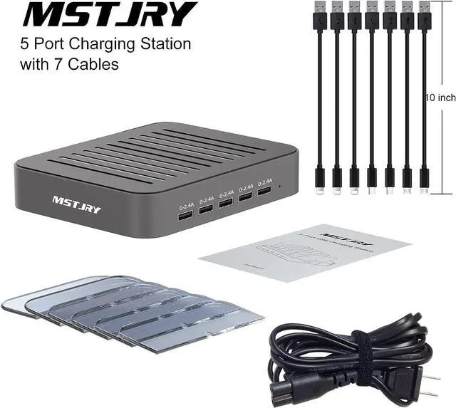 Alt view image 7 of 7 - Charging Station for Multiple Devices, MSTJRY 5 Port Multi USB Charger Station with Power Switch Designed for iPhone iPad Cell Phone Tablets (Gray, 7 Mixed Short Cables Included)