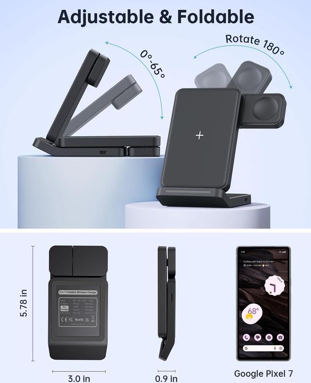 Alt view image 3 of 7 - 3 in 1 Foldable Wireless Charging Station for Google Pixel Watch 1, Pixel Buds Pro and Google Phones Fold/8 Pro/8/7 Pro/7a/7/6 Pro/6/5/4/3/XL, Wireless Charger with QC 18W Adapter, Black