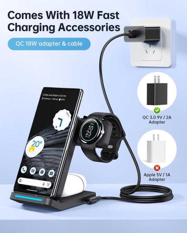 Alt view image 5 of 7 - 3 in 1 Foldable Wireless Charging Station for Google Pixel Watch 1, Pixel Buds Pro and Google Phones Fold/8 Pro/8/7 Pro/7a/7/6 Pro/6/5/4/3/XL, Wireless Charger with QC 18W Adapter, Black